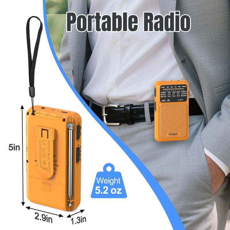 [AUSTRALIA] - PRUNUS J-211 Portable Radio AM FM with USB Charging and AA Battery Operated, Transistor Radio, Strong Reception& Clear Speaker, Headphone Jack, Back Clip, Lanyard, Small radios Portable AM FM Orange 