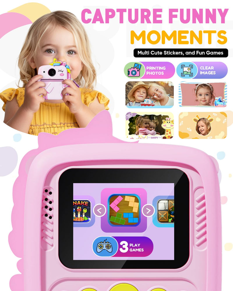 Instant Print Camera for Kids, Christmas Birthday Gifts for 3-8 Year Old Boys Girls, 1080P Kids Digital Camera Toys for Kids Age 3 4 5 6 7 8 with Silicone Cover-Pink Pink