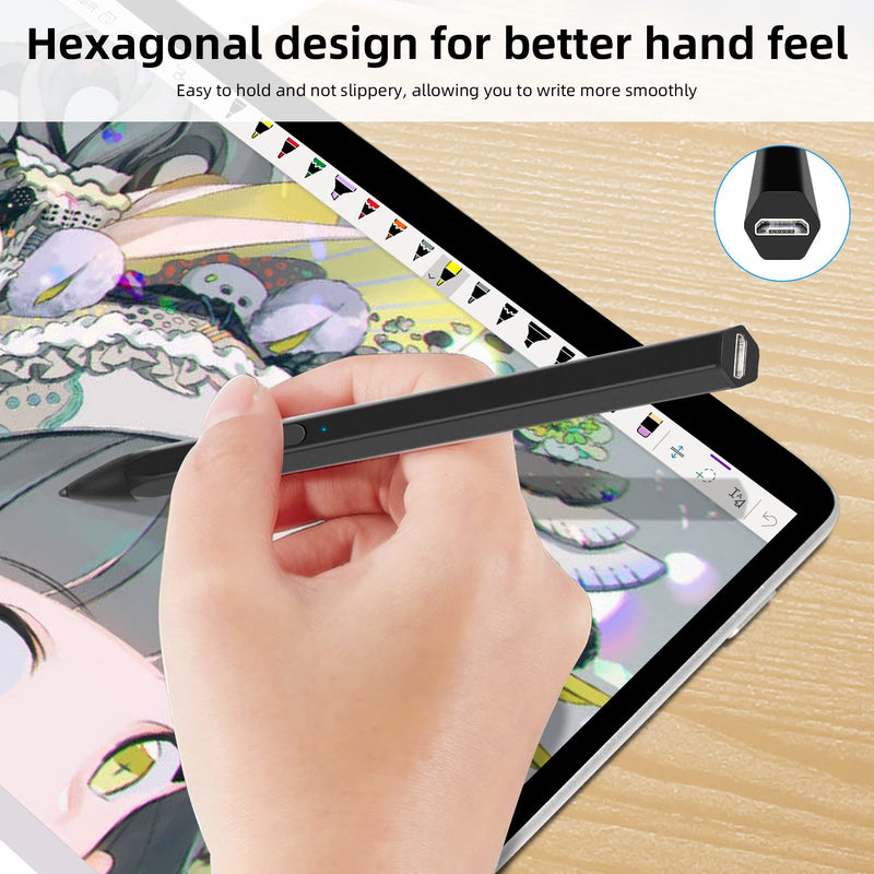Stylus Pen for Microsoft Surface Pro9/8/X/7/6/5/4/3 Surface Go 3/2/1 Surface 3/Laptop/Studio/Book 4/3/2/1 with 4096 Tilt Pressure Palm Rejection Magnetic Attachment Rechargeable, Black