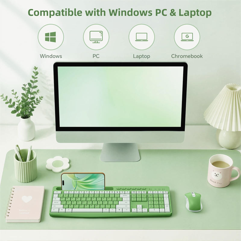 Green Wireless Keyboard and Mouse Combo with Phone Holder, 2.4G Quiet Keys | Silent Keyboard, 3-Level DPI Quiet Mouse, 12 Hotkeys, Full Size, Ergonomic for Office/Home/Work, For Windows PC Laptop, WK210 Green