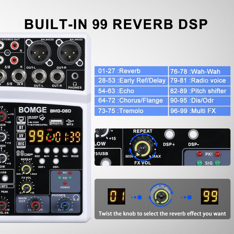 BOMGE 6 Channel Audio Sound Mixer - Professional Digital DJ Mixing Console for Live Streaming, Karaoke and Stereo Recording - With PC Computer Record Playback/Bluetooth/MP3/USB/48V /99 DSP White