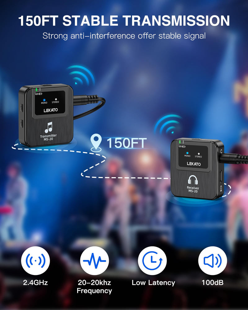 LEKATO Wireless in-Ear Monitor MS-20 Charging, 30H Battery Life with Box, 2.4G IEM System 1Transmitter 2 Receivers Auto-Pairing,OTG Support,One to More, in-Ear Monitoring for Studio,Live,Singer,Band Black