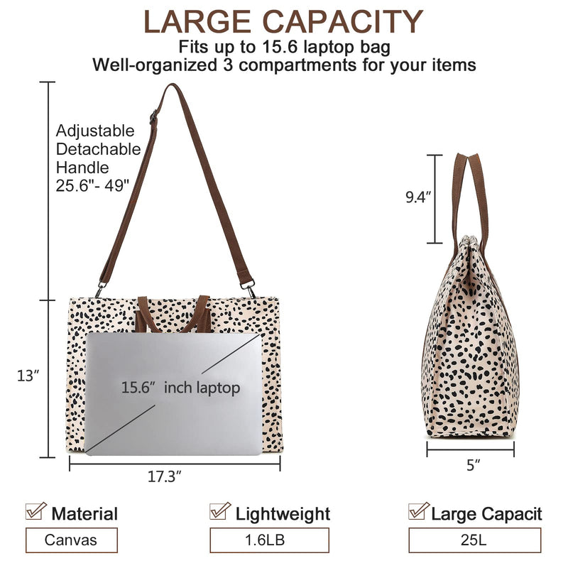 Laptop Tote Bag for Women Work 15.6 inch Canvas Shoulder Bags Computer Messenger Purse Teacher Handbag Office Briefcase Leopard - Apricot
