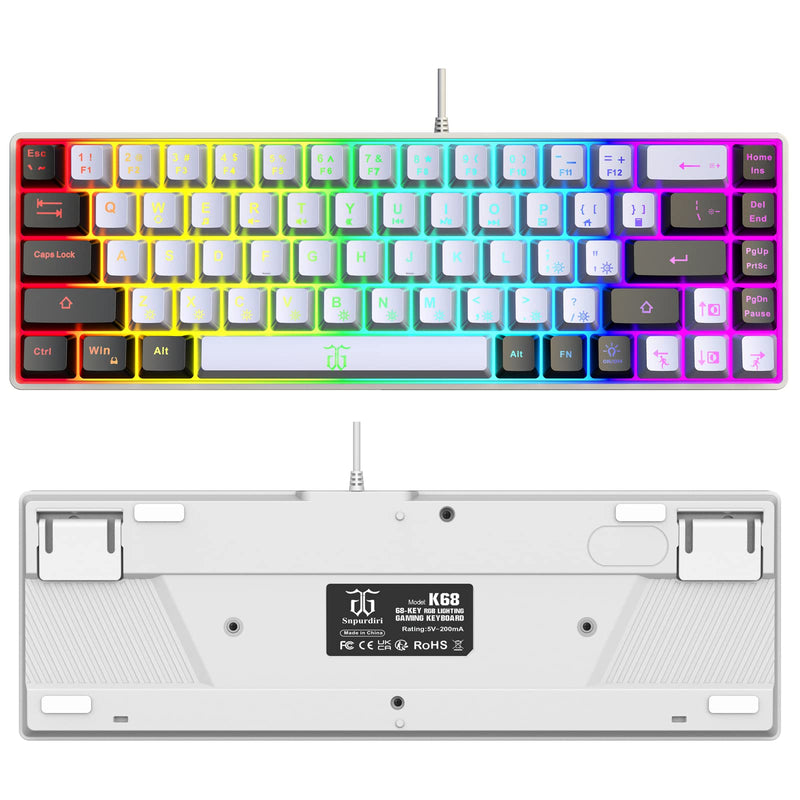 Snpurdiri 60% Gaming Keyboard, RGB Backlit Mini Keyboard,Built-in Steel Plate, Membrane Keyboard but Super Mechanical Feel for Windows PC Gamers(68 Keys,White-Black) White Black