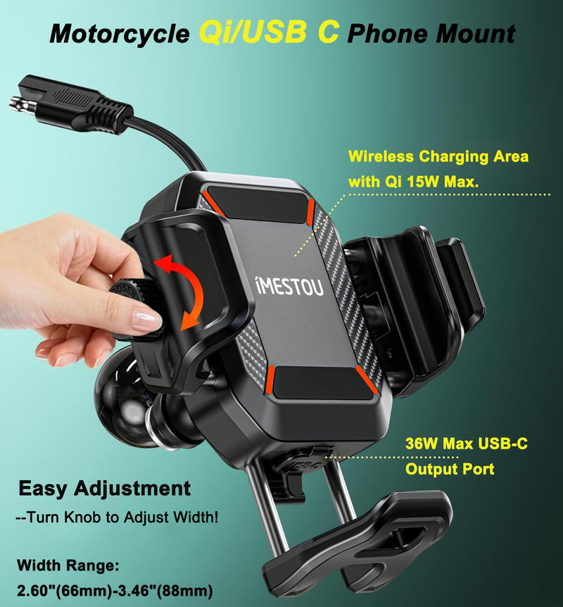 [AUSTRALIA] - iMESTOU Motorcycle Phone Mount with Wireless Charger 15W & USB-C Port 36W, Shock Absorption 1" Ball Mount Fits for 5.4"-7.2" Phones Up to 15mm Thick, Works with 12-24V Vehicles (without mounting base) 