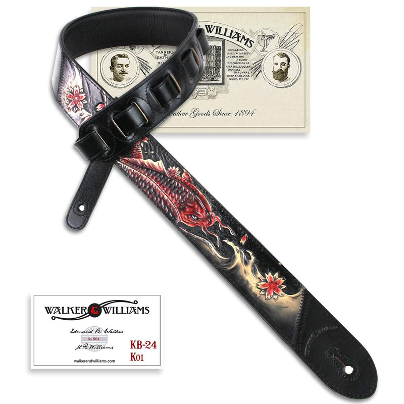 [AUSTRALIA] - Walker And Williams KB-24 Black & Ruby Red 2" Premium Carved Grain Leather Guitar Strap With Koi Fish Design For Acoustic, Electric, And Bass Guitars 