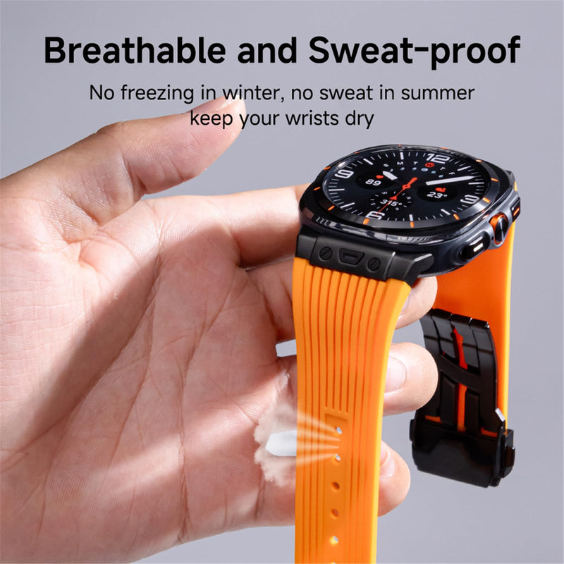 Silicone Bands for Samsung Galaxy Watch Ultra 47mm Band, Rugged Luxury Sport Strap for Men, with Metal Connectors & Foldable Buckle & Pin Buckle (Starlight Orange)