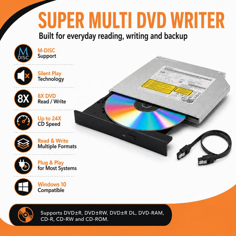 9.5mm SATA Internal DVD RW Drive, GUD1N Optical Drive | GUD1N slim tray-loading CD DVD burner writer, 8X DVD and 24X CD speed, M-DISC support, data cable included; not 12.7mm Thin‌