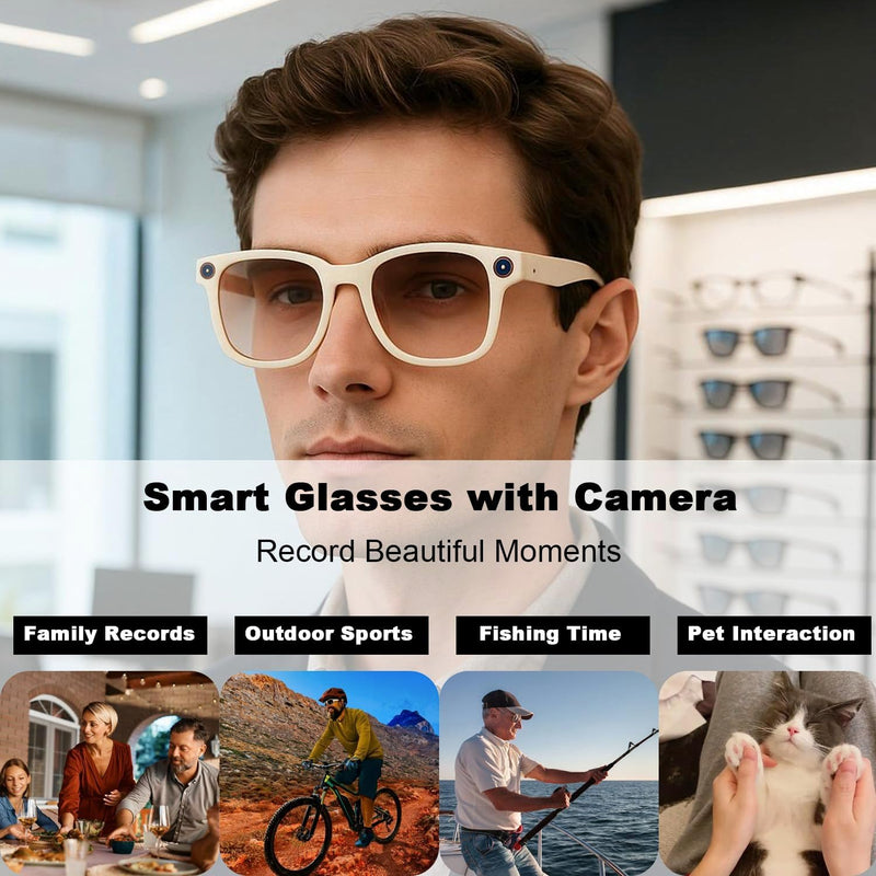 Woostar AI Smart Glasses Camera, 1080P Video Recording Glasses, Real Time Translation, Recording and Photo Taking, AI Voice Assistant, Open-Ear Audio