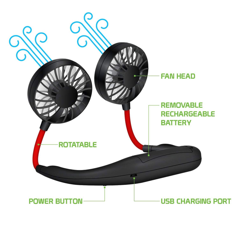 Cellet Hands Free Portable Double Side Neck Held Fans, Rechargeable USB Battery Personal Mini Fan (Black) Black