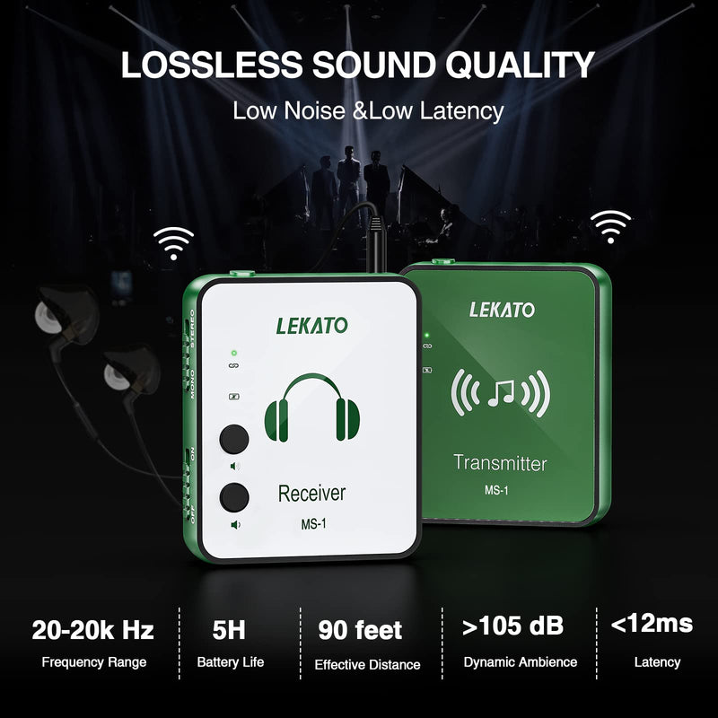 LEKATO Wireless in Ear Monitor System, 2.4G Stereo Wireless IEM System with Transmitter Beltpack Receiver Automatic Pairing, for Studio, Band Rehearsal, Live Performance,Green Green