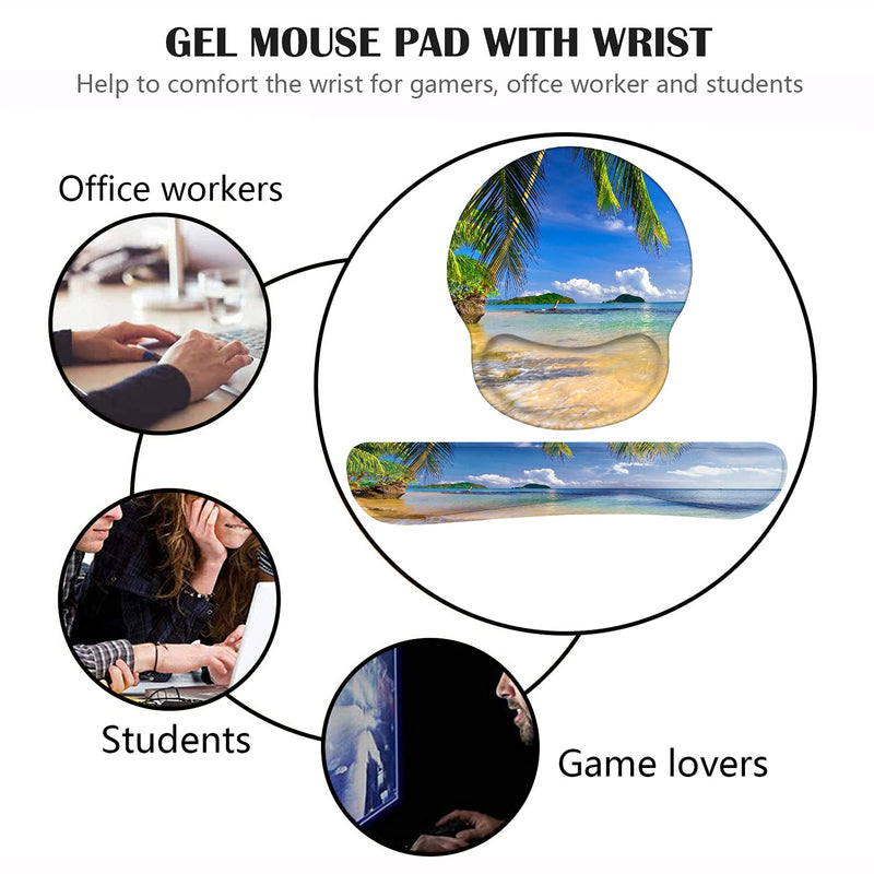 Keyboard Wrist Rest and Mouse Pad Wrist Support Set with Coasters, Non-Slip PU Base Ergonomic Gaming Mousepad for Home Office Working Studying Easy Typing & Pain Relief, Shore Palms Tropical Beach