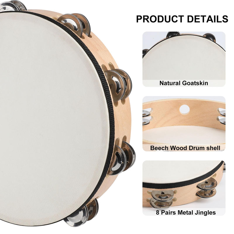 10 Inch Goatskin Tambourine With 8 Pairs of Metal Jingles Hand Held Drum Tambourines for Kids Adults Church Dance Games KTV Party 10 inch