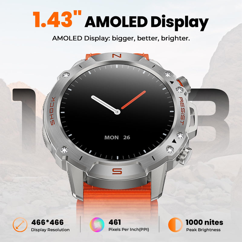 WalkerFit Smart Watch for Men, Rugged Tactical Fitness Tracker with 1.43" AMOLED Display, Bluetooth Calls, 5ATM Waterproof, 170+ Sports, SpO2/Heart Rate Monitor, 2 Bands, iPhone/Android Compatible