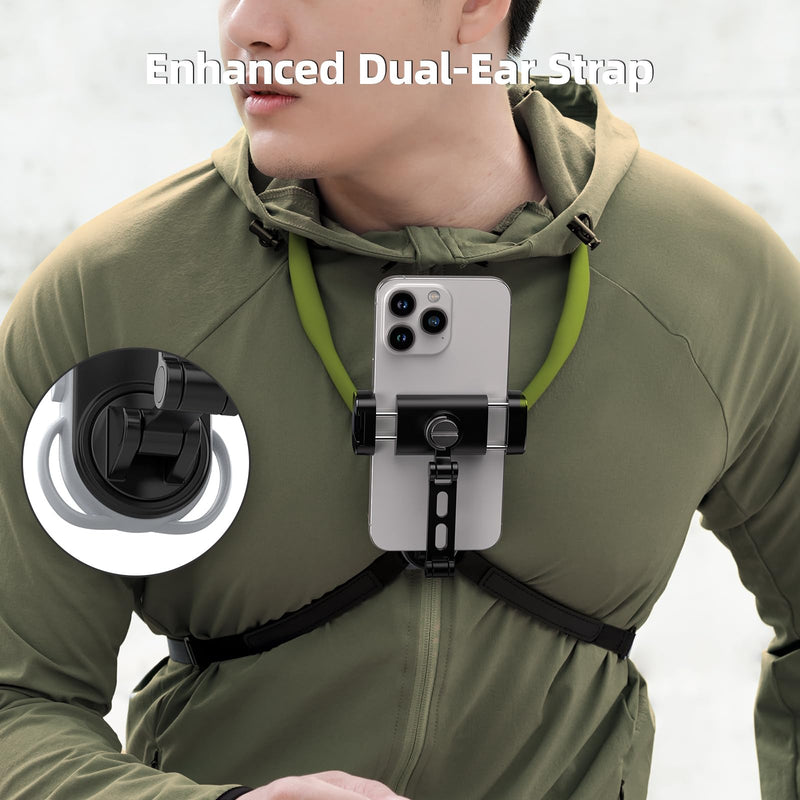 Neck Phone Holder POV/Vlog Neck Mount for Phones with Phone Clip, Hands Free Phone Neck Holder w Chest Strap Neck Selfie Mount Video Recording for iPhone Samsung Google Pixel (Green) Green