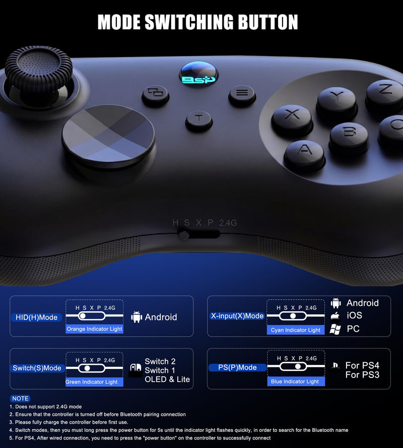 Wireless Fighting Controller for iOS/Android/Switch/PS4/PS3/PC, 6-Button Layout Bluetooth Controllers Retro Gamepad with Hall Joystick/Hall Trigger/Turbo/Programming Key for SEGA’s Classic Games,Black. Black