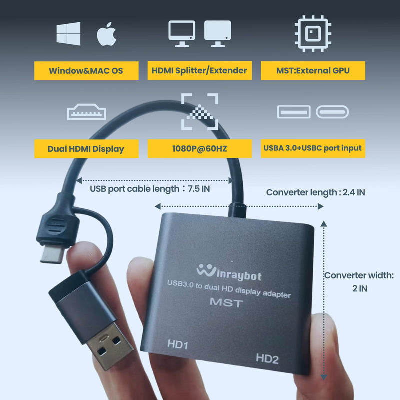 USB to HDMI Adapter,USB to HDMI for Dual Monitor Adapter, hdmi Splitter Extended Display，USB 3.0 for 2 Monitors,USB A to hdmi+USB C to hdmi Adapter USB Video Card-Supports Mac/Windows