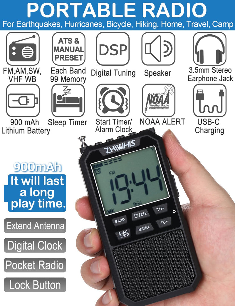 [AUSTRALIA] - ZHIWHIS Portable Radio, AM FM Stereo SW NOAA Weather VHF Receiver with Alerts, Rechargeable DSP Pocket Radios with 9.85Ft Wire Antenna, 900mAh/396Presets/Alarm Clock/Sleep Timer for Walking ZWS-878 