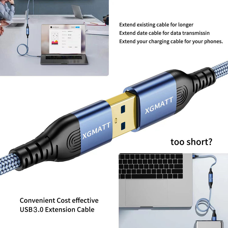 XGMATT USB Extension Cable 2 Pieces 2 m, USB 3.0 Extension Cable A Male to A Female with Elegant Aluminium Connectors, Nylon Fabric Sheath for Card Reader, Keyboard, Printer, Scanner, Camera 2-blue