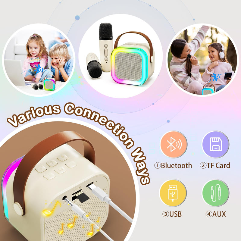 [AUSTRALIA] - Portable Karaoke Machine with 2 Wireless Microphone, Mini Portable Bluetooth Speaker with Wireless Microphone, Gifts for Kids Age 4-12, Boys, Girls, Adults, Party, Home KTV, Outdoor, Travel (Beige) Beige 