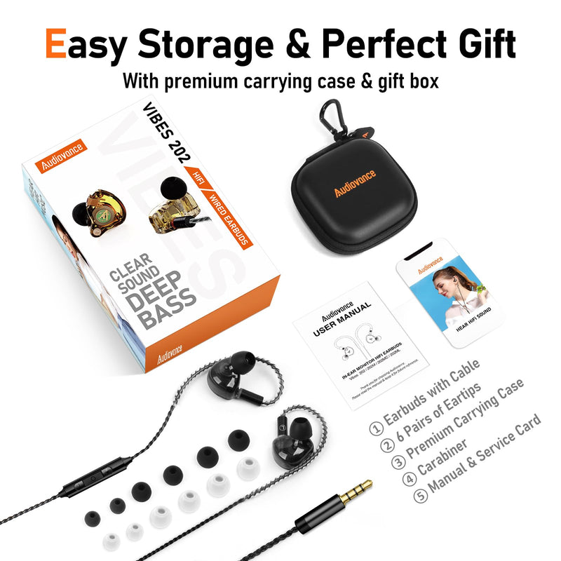 [AUSTRALIA] - Vibes 202M Wired Earbuds - HiFi in Ear Monitor Headphones - Noise Isolating Ear Buds w/ Mic - Clear Sound, Deep Bass & Comfort-Fit Gaming Earphones - MMCX to 3.5mm & Silver Plated Cord, Carrying Case 3.5mm & Mic 1-Black 