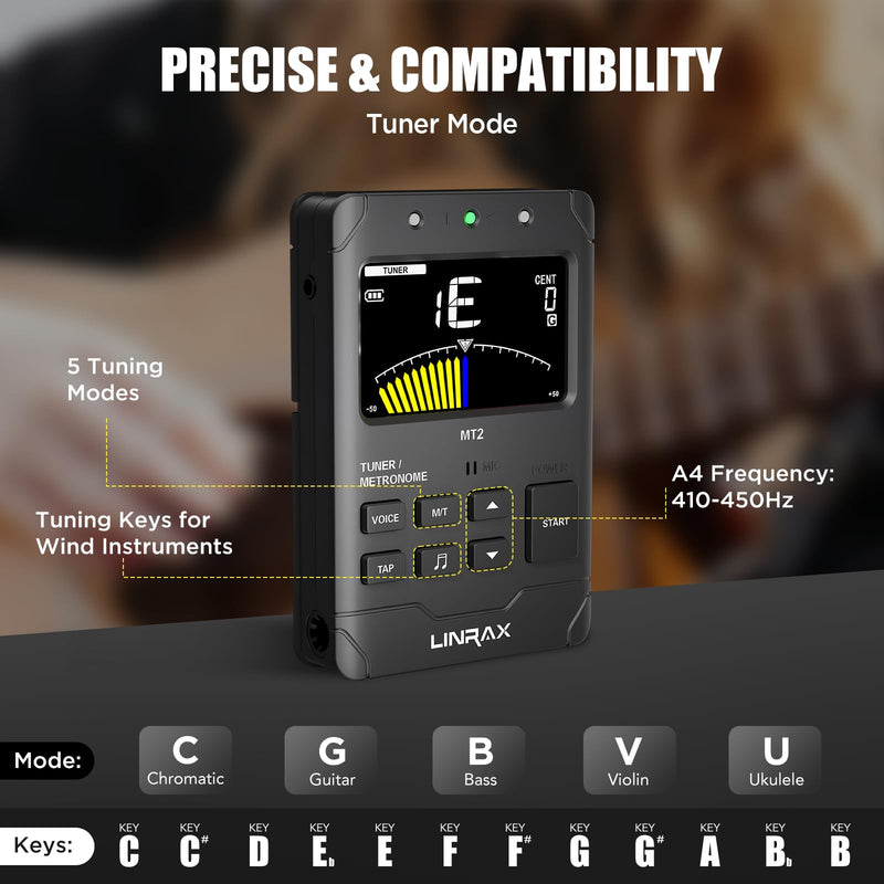 MT2 Rechargeable Metronome Tuner, 3 in 1 Digital Metronome Tuner Tone Generator for Guitar Bass Ukulele Violin Saxophone Trumpet Clarinet Flute, Voice Beat, Chromatic Tuner for All Instruments MT2