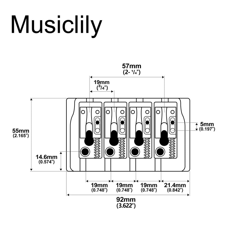 Musiclily Pro 19mm Locking Saddles Hard Zinc 4-String Bass Bridge, Black