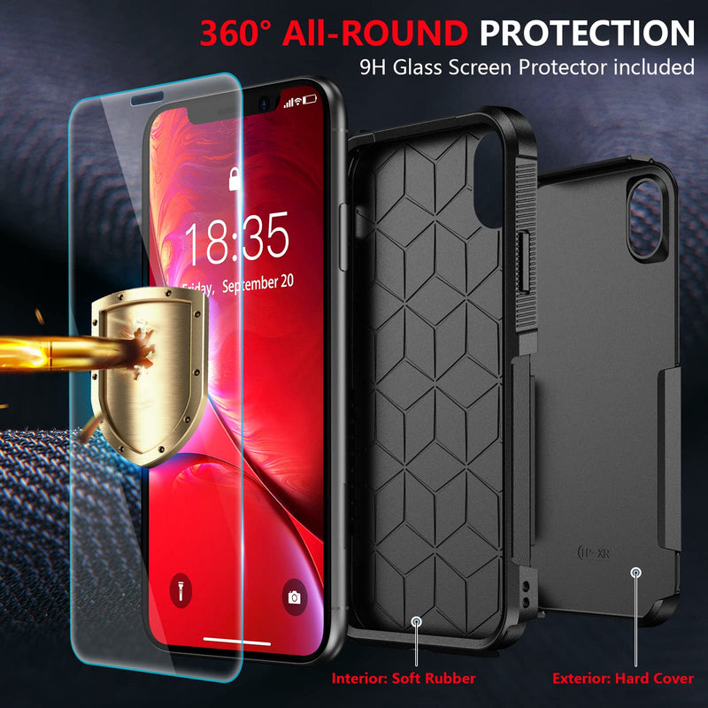 SPIDERCASE for iPhone XR Case, [10 FT Military Grade Drop Protection] [Non-Slip] [2 pcs Tempered Glass Screen Protector] Shockproof Airbag Cushion Protective Case for iPhone XR 6.1” (Black) Black