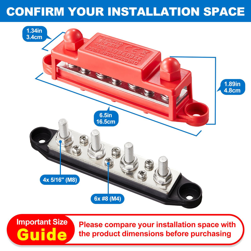 Spurtar 12V Bus Bar 12V Power Distribution Block 4X 5/16'' M8 Stud 6X #8 M4 Screws Bus Bar Terminal Block 12V 24V 48V 250A Battery Bus Bar for Car Truck RV ATV Boat Trailer Red Black Pair 4 x 5/16'' M8 - 6x #8 Screws