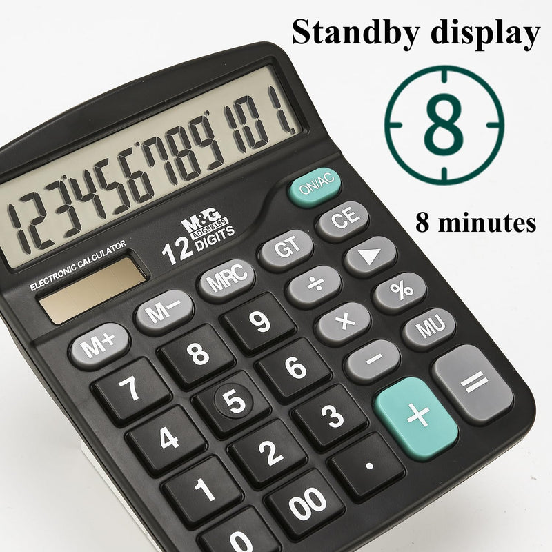 M&G Desk Calculator 12 Digit Office Calculators with Large LCD Display, Dual Solar Power and Battery, Recessed Big Button Calculator for Office Home School (Black) Basic