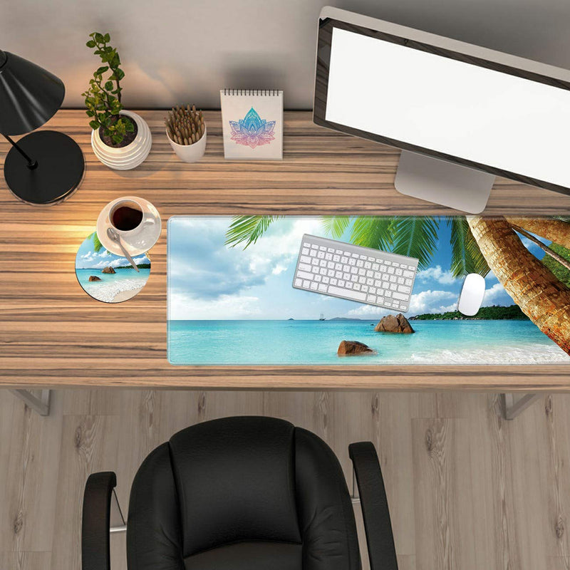 Desk Mat, Multifunctional Desk Pad for Keyboard and Mouse, with Cute Coasters and Mandala Stickers with Stitched Edges Non Slip Base Laptop Mouse pad for Office and Home, Seaside Tropical Palm Tree