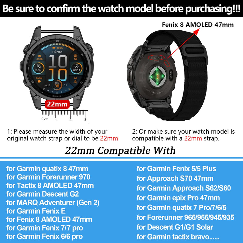 22mm Watchband Compatible with Garmin Fenix 8/tactix 8 AMOLED-47mm/Fenix E/7 Pro/7/6 Pro/6/5 Plus/5/Descent G2/G1 Solar/Quatix 7 Pro 6/Forerunner 965/955/945/935