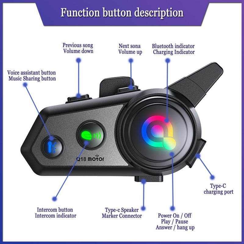 Q18 Motorcycle Bluetooth Intercom 1000m 2 Riders, 1 Pack | 2 Riders 1000m Motorcycle Intercom, Music Sharing, HiFi Stereo Sound, CVC Noise Reduction, Automatic Response Q18-1Pack