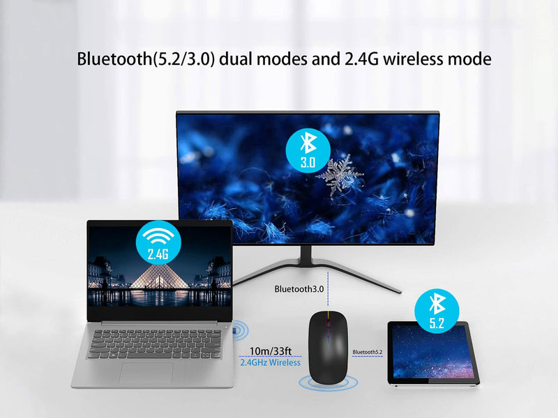 [AUSTRALIA] - Wireless Bluetooth Mouse,LED Rechargeable Laptop Mouse .Portable Office Computer Mice use(BT5.2 and USB 2.4G) Dual Mode Connection,Silent,Slim,for Apple Laptop/ipad Tablet/Mac/PC/phone.(Black) Black 