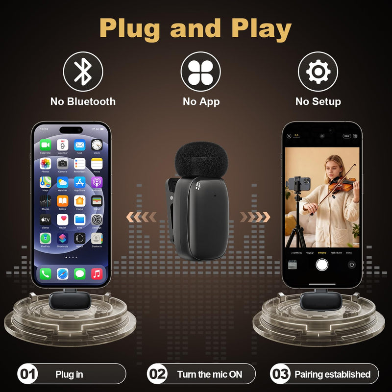 [AUSTRALIA] - Wireless Lavalier Mini Microphone for iPhone ipad Android, 30H Long Battery Life, 100FT Wireless Range, Noise Cancellation, Plug & Play for Vlogging, Video Recording, Podcast, YouTube, TikTok J01 