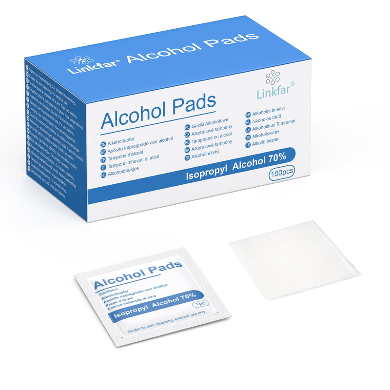 Linkfar Alcohol Swabs - 70% Isopropanol Disinfectant Wipes for Skin Cleaning, Glasses & Surfaces - Hygienically Individually Packed, Pack of 100 (3 x 6 cm)