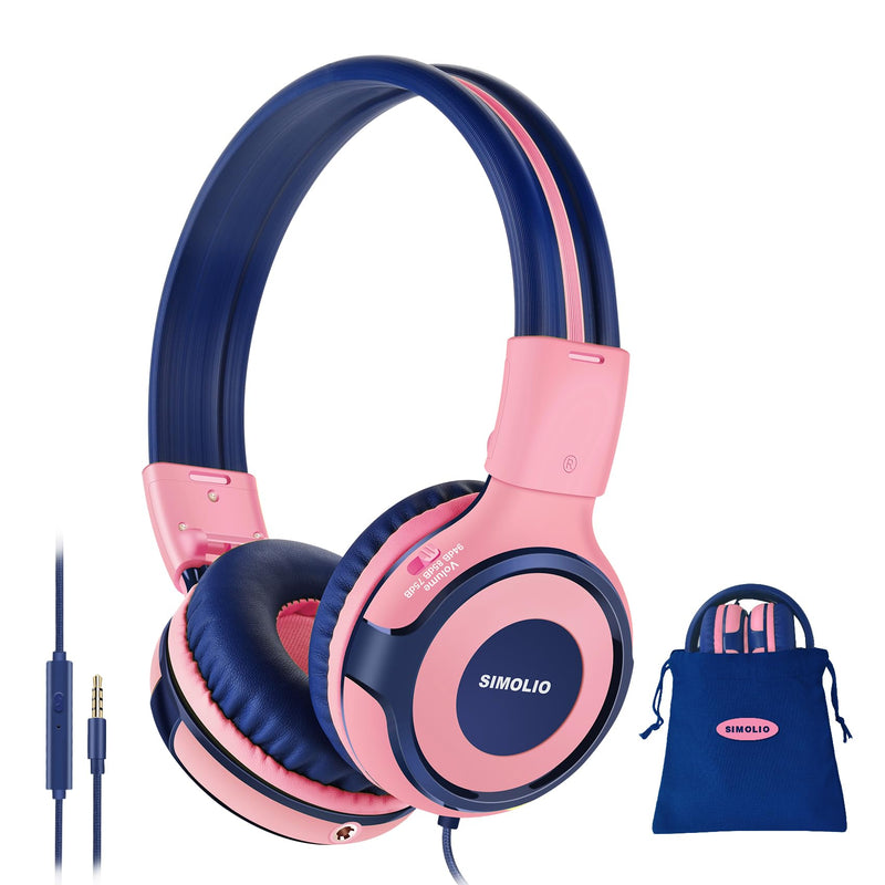 SIMOLIO Kids Headphones with Microphone for School, 75/85/94 dB Wired Headphones with Built-in MIC or Boom Mic for PC, Laptop, Gaming, Over Ear Pink Stereo Corded Headset for Girls, Children, Students
