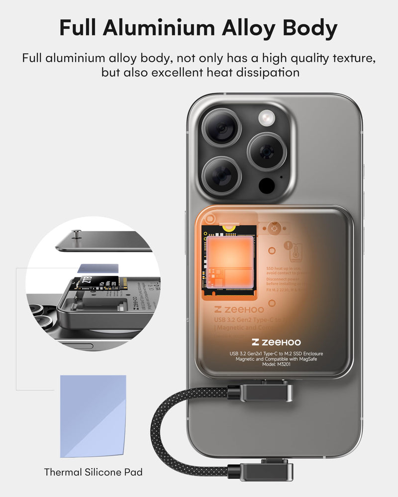 ZeeHoo Magnetic 2230 NVMe M.2 SSD Enclosure, 10Gbps USB C 3.2 to NVMe M.2 Adapter, Aluminum External SSD Case, Support M-Key B+M Key UASP