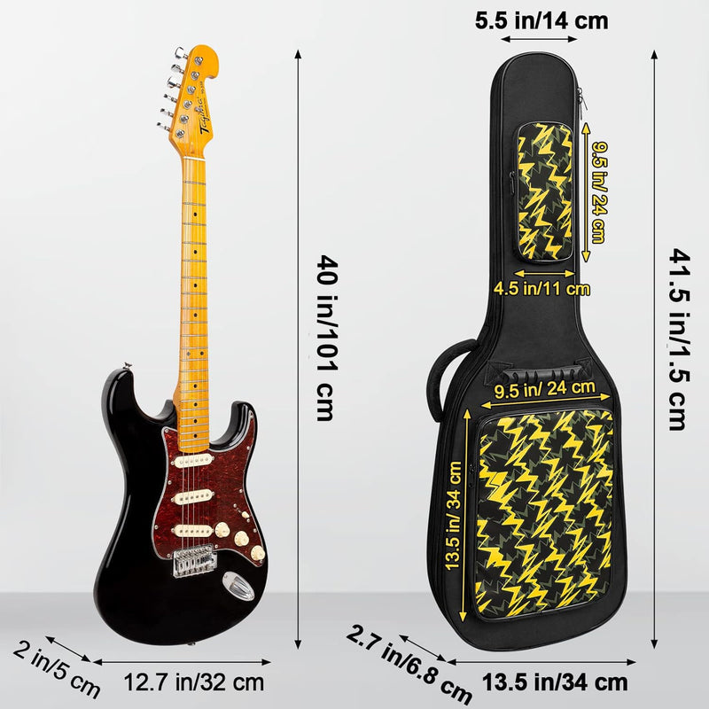 LETSROCK 38 40 41 Inch Electric Guitar Bag Case 0.38 inch Waterproof Thick Padding with Neck Strap Adjustable Shoulder Strap Waterproof Yellow Lightning Shape&Black Electric Guitar Gig Bag Yellow&Black