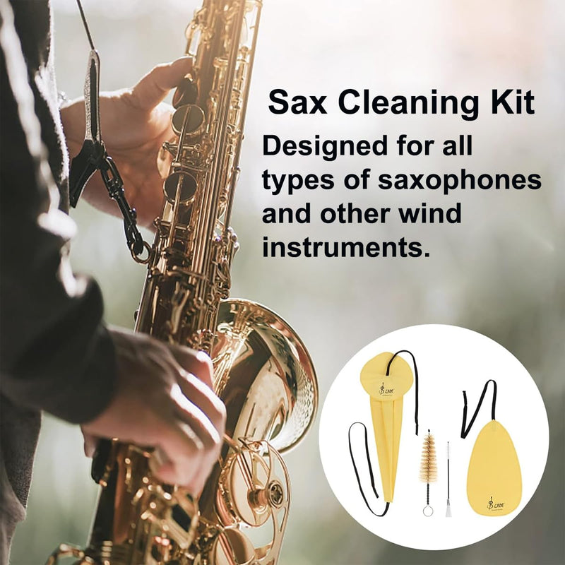 Saxophone Cleaning Cloth, Alto Saxophone Cleaning Kit with Saxophone Cleaning Cloth, Sax Neck Cleaning Swab, Mouthpiece Brush, Dusting Brush for Flute and Woodwind Instruments Yellow