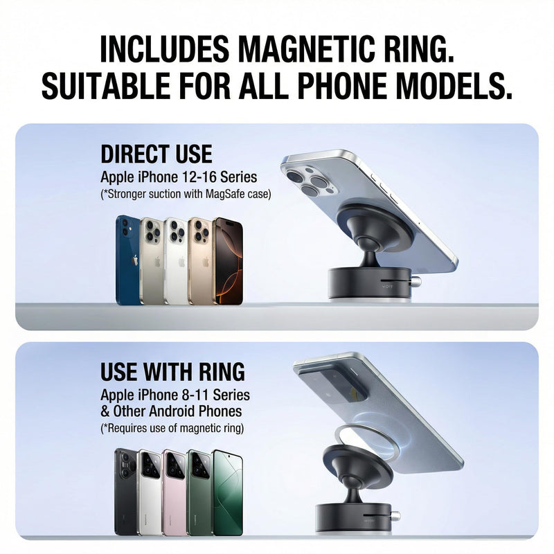 Vacuum Magnetic Car Phone Mount 360degrees Rotation Phone Holder for Car 17 N52 Magnets Strong Suction Cup Phone Mount for Latest Smartphones 16 15 14 13 12 Android Cell Phone Holders