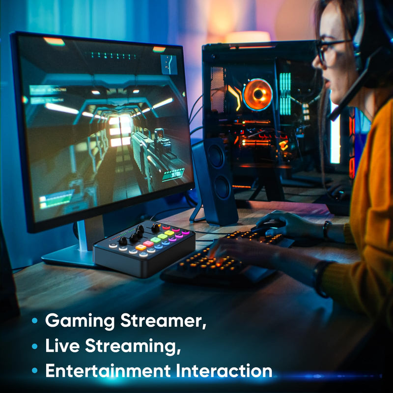 Gaming Audio Mixer, Rechargeable Audio Interface RGB PC Mixer with XLR Microphone Interface, Individual Control, Volume Fader, Mute Button, 48V Phantom Power, for Podcast/Recording