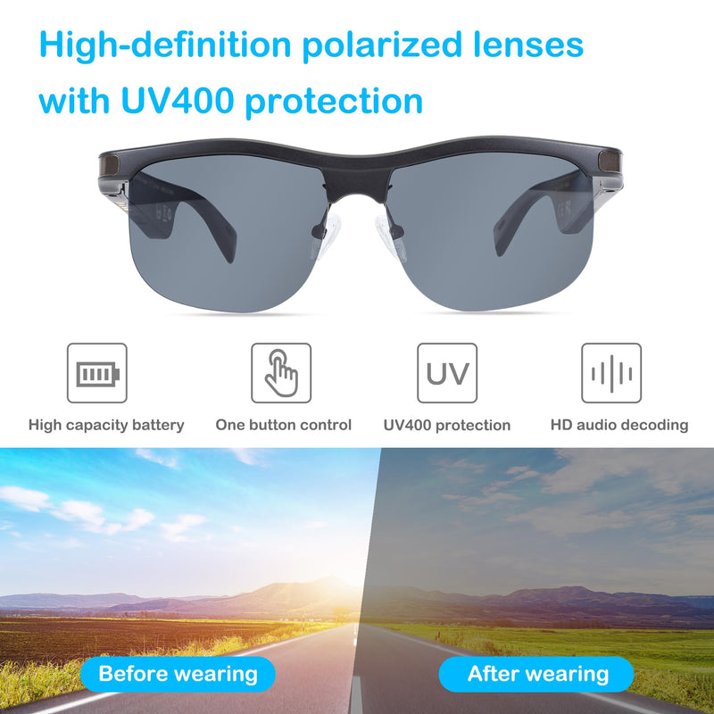 Bluetooth Smart Glasses, Audio Music Glasses, Polarized Sunglasses for Men Women, Open Ear Sport Sunglasses, Built in Mic, Voice Assistant, Bluetooth 5.0, UV400 Protection (Black) Black
