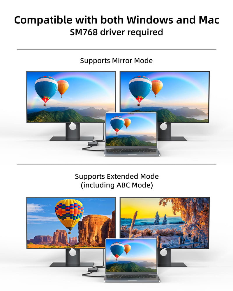 USB 3.0 to Dual HDMI Adapter Compatible with Windows/Mac OS, 4K@30Hz/1080P@60Hz, Hdmi USB to HDMI Splitter, MST Mode, USB to hdmi Adapter for 2 Monitors