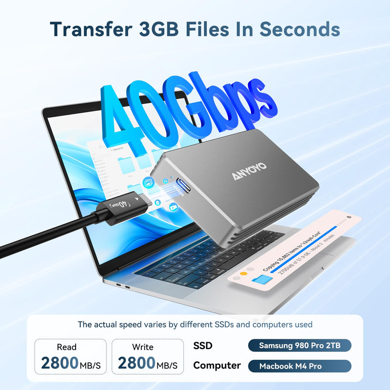 ANYOYO 40Gbps M.2 NVMe SSD Enclosure with Aluminum Alloy Heat Dissipation, No Noise External SSD Case Compatible for Thunderbolt 4/3/USB4, Support M/B+M Key SSD, Tool-Free Installation TBU401