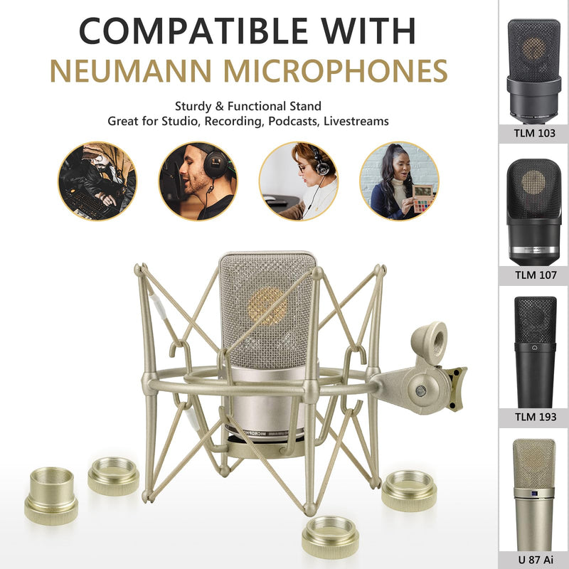 GEEKRIA for Creators Microphone Shock Mount Compatible with Neumann TLM 103, TLM 102, U 87 Ai, TLM 67 Mic Anti-Vibration Suspension Adapter Clamp Mic Holder Clip (Champagne/Metal)