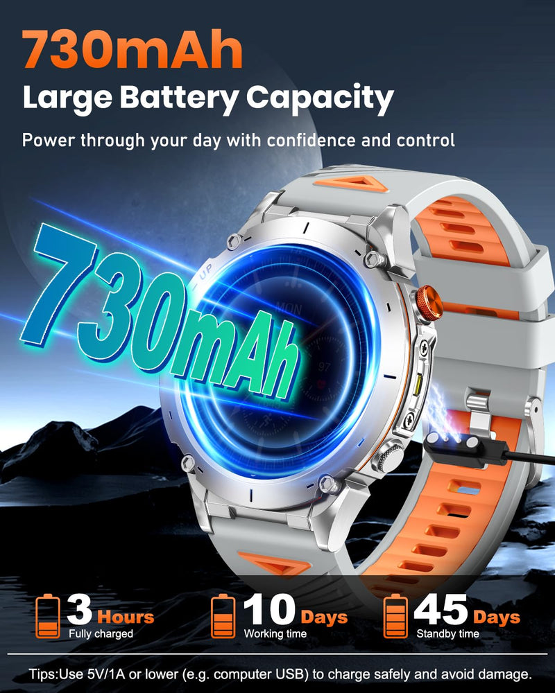 Military Smart Watch, 1.43" AMOLED Display, GPS, Bluetooth Calling, 730mAh Battery, 170+ Sports Modes, 3ATM Waterproof