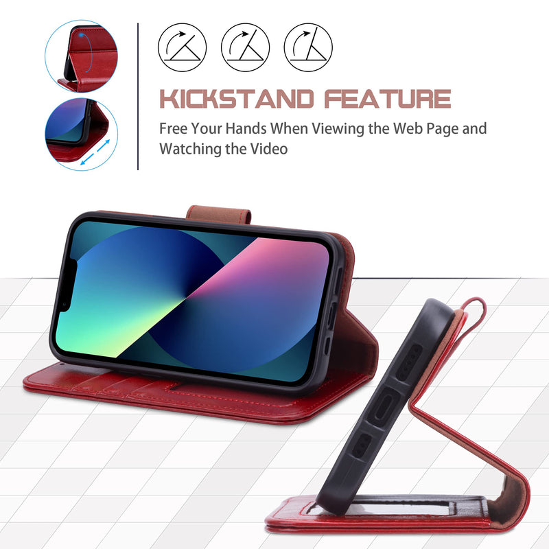 Arae Compatible with iPhone 13 Case[Not for iPhone 13 Pro.] with Card Holder and Wrist Strap Wallet Flip Cover for iPhone 13 6.1 inch-Wine Red iPhone 13(6.1") Wine Red