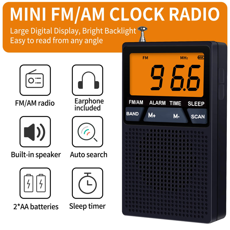 [AUSTRALIA] - AM FM Pocket Radio,Mini Portable Radio, Battery Operated by 2 AA Batteries with Stereo Earphone, Large Digital Display, Time Display, Digtal Alarm Clock (Black) black 