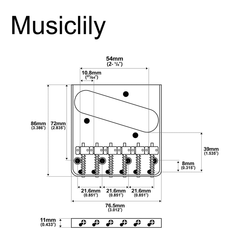 Musiclily Pro 54mm Vintage Telecaster Bridge with Barrel Brass 6-Saddle for Squier and Import Tele Style Electric Guitar, Chrome